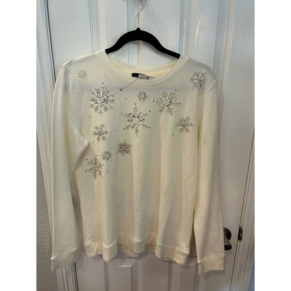 Talbots Sweatshirt Cream Beaded Sequin Snowflake Holiday Winter Pullover New